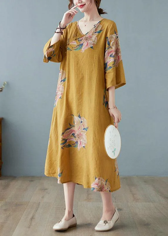 Loose Yellow Casual V Neck Print Summer Party Dresses Half Sleeve Tunics Velvet soft Loose Yellow Casual V Neck Print Summer Party Dresses Half Sleeve Tunics Velvet soft