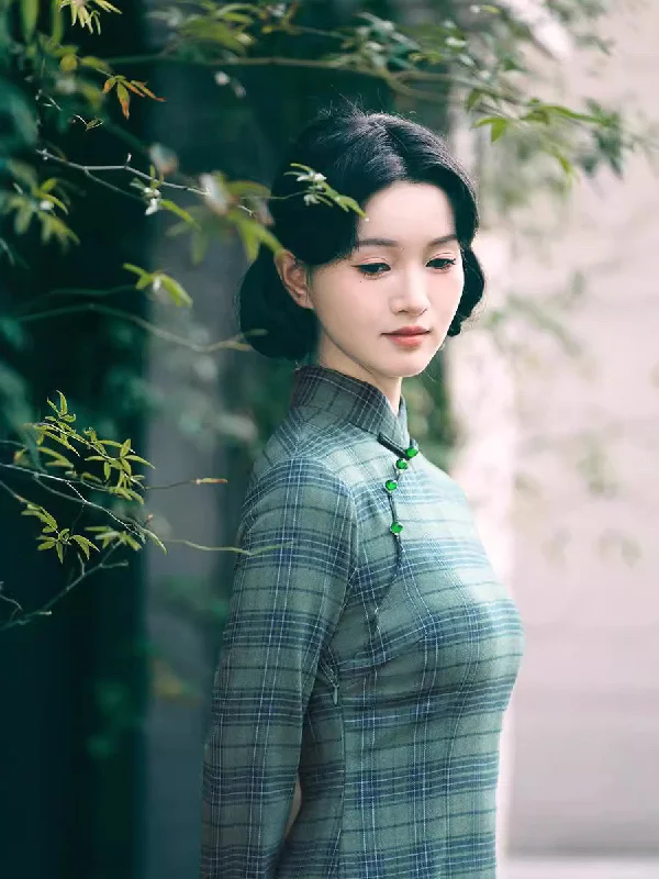 Modern Chinese Qipao, Evening Dresses, autumn qipao, plaid pattern qipao, 3/4 sleeve Off-the-shoulder Bohemian Festive Modern Chinese Qipao, Evening Dresses, autumn qipao, plaid pattern qipao, 3/4 sleeve Off-the-shoulder Bohemian Festive