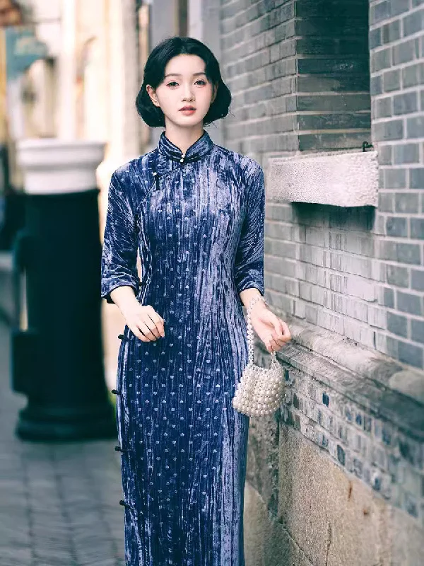 Modern Chinese Qipao, Evening Dresses, autumn qipao, blue velvet Dresses, 3/4 sleeve Mermaid Tail Wedding