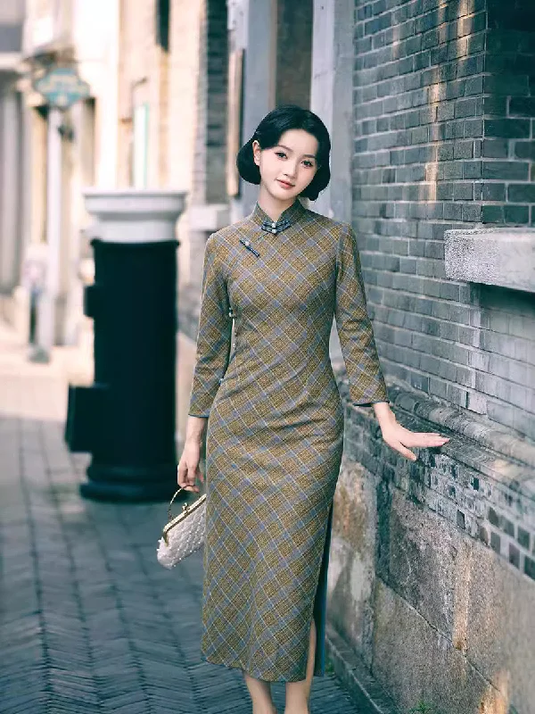 Modern Chinese Qipao, Evening Dresses, autumn qipao, plaid pattern qipao, 3/4 sleeve High-Low Hemline Casual Modern Chinese Qipao, Evening Dresses, autumn qipao, plaid pattern qipao, 3/4 sleeve High-Low Hemline Casual
