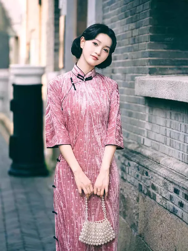 Modern Chinese Qipao, Evening Dresses, autumn qipao, pink velvet Dresses, 3/4 sleeve Peplum Ruffle Cocktail Modern Chinese Qipao, Evening Dresses, autumn qipao, pink velvet Dresses, 3/4 sleeve Peplum Ruffle Cocktail