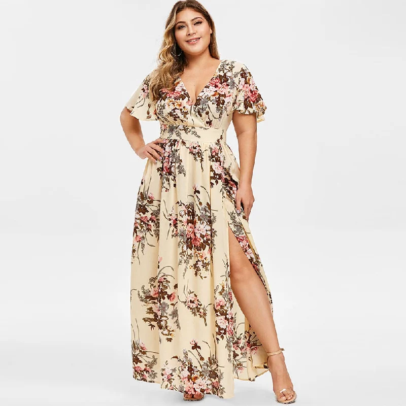 Rosegal Plus Size Plunging Neck Floral Split Maxi Dress High Wasit V-Neck A-Line Dress Summer Bodycon Women Party Dress Robe Tunics Business professional Rosegal Plus Size Plunging Neck Floral Split Maxi Dress High Wasit V-Neck A-Line Dress Summer Bodycon Women Party Dress Robe Tunics Business professional