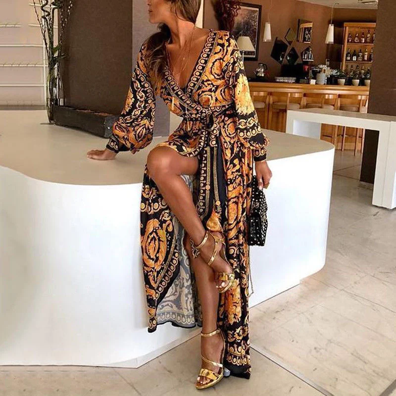 Amy Fashion - Sexy Glitter Deep V Neck Print Party Dress Tunics Formal black