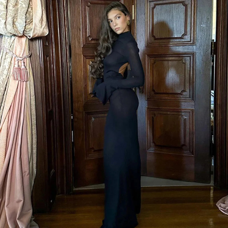 Sexy Club Party Dresses Women Autumn Backless Turtleneck Maxi Dress Tunics Solid Classic Sexy Club Party Dresses Women Autumn Backless Turtleneck Maxi Dress Tunics Solid Classic