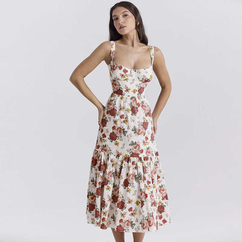 Sexy Vintage Floral Print Party Dress Women Summer Pleated Maxi Dress Tunics Top Casual Sexy Vintage Floral Print Party Dress Women Summer Pleated Maxi Dress Tunics Top Casual