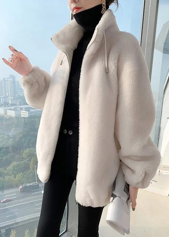 Stylish Milk White Stand Collar Zippered Mink Hair Coats Spring Draped Longline Jacket Stylish Milk White Stand Collar Zippered Mink Hair Coats Spring Draped Longline Jacket