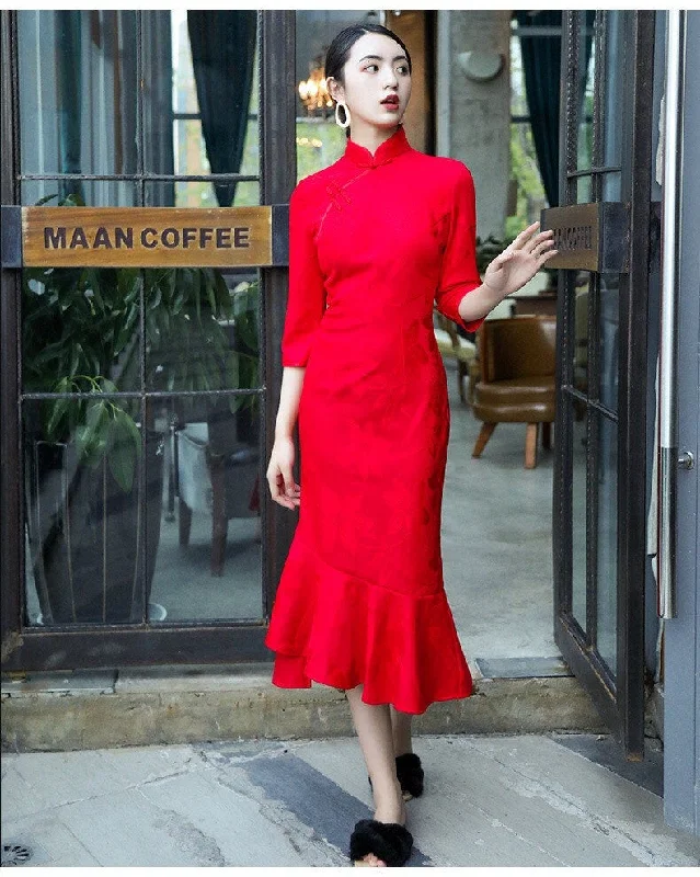 Modern Chinese Qipao, Chinese Cheongsam, red jacquard wedding qipao, Evening Dress, tea ceremony, mandarin collar, 3/4 sleeve Tunics Top Casual Modern Chinese Qipao, Chinese Cheongsam, red jacquard wedding qipao, Evening Dress, tea ceremony, mandarin collar, 3/4 sleeve Tunics Top Casual