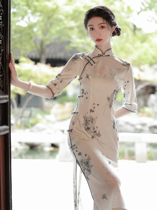 Modern Chinese Qipao, Chinese Cheongsam, 3/4 sleeve, Evening Dress, mandarin collar Pencil Length Work Modern Chinese Qipao, Chinese Cheongsam, 3/4 sleeve, Evening Dress, mandarin collar Pencil Length Work