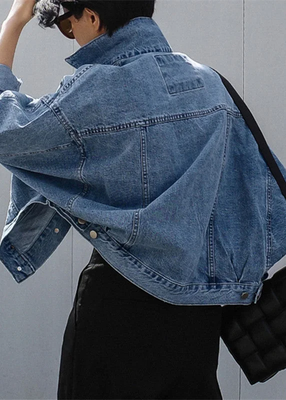 Unique Denim Blue Peter Pan Collar Button Pockets Patchwork Coats Long Sleeve Elegant Wool Jacket Unique Denim Blue Peter Pan Collar Button Pockets Patchwork Coats Long Sleeve Elegant Wool Jacket