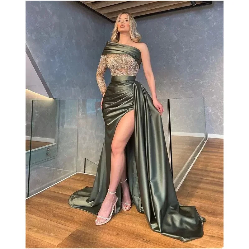 Amy Fashion - Unique Prom One Long Sleeve Mermaid Appliques Side Slit Evening Dress Tunics Office stylish Amy Fashion - Unique Prom One Long Sleeve Mermaid Appliques Side Slit Evening Dress Tunics Office stylish