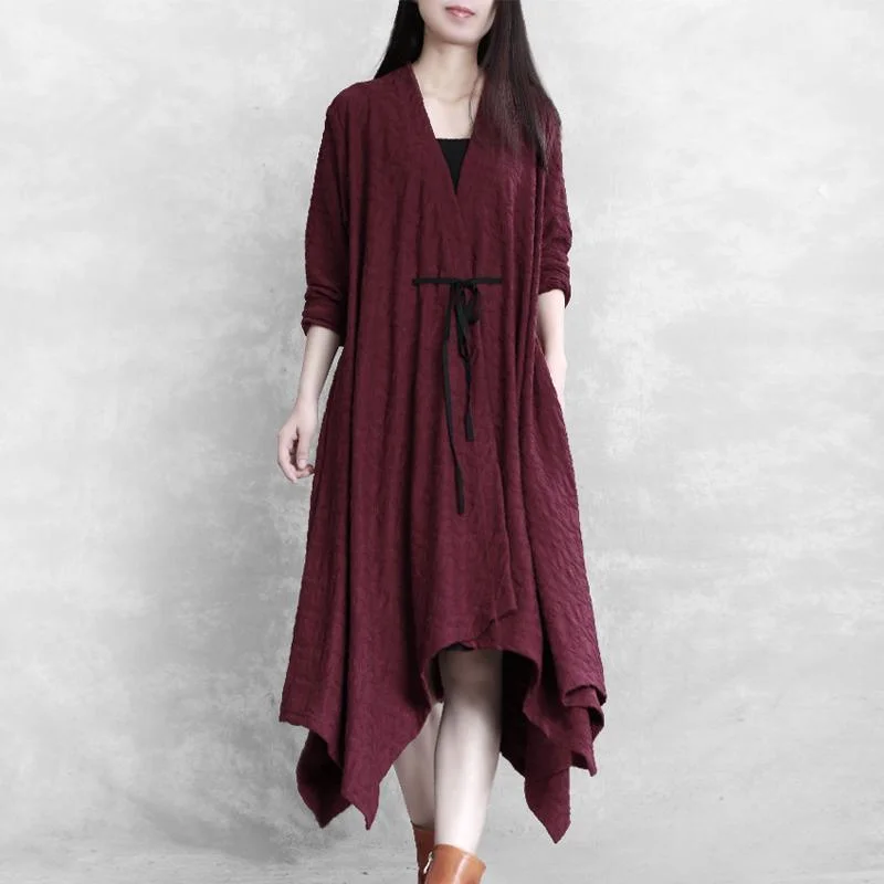 Vintage fall knit outwear burgundy Jacquard tie waist asymmetric coats Elegant Cape Blazer Vintage fall knit outwear burgundy Jacquard tie waist asymmetric coats Elegant Cape Blazer
