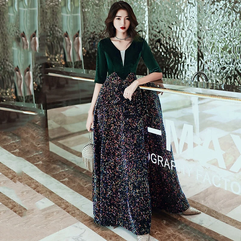 wei yin AE0391 Long Evening Dresses Elegant Sequins Shining Evening Dress V-neck Half Sleeve Party Gowns robe de soiree Tunics Favorite customer wei yin AE0391 Long Evening Dresses Elegant Sequins Shining Evening Dress V-neck Half Sleeve Party Gowns robe de soiree Tunics Favorite customer