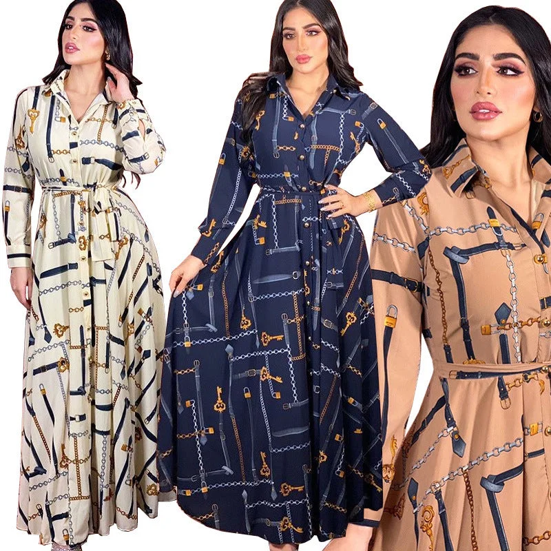 Wholesale Chain Print Long Sleeve Muslim Gown Maxi Dress with Belt Dubai Abaya Islamic Clothing Women Muslim Evening Party Dress Tunics Cozy soft Wholesale Chain Print Long Sleeve Muslim Gown Maxi Dress with Belt Dubai Abaya Islamic Clothing Women Muslim Evening Party Dress Tunics Cozy soft
