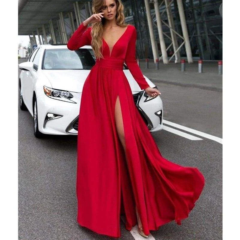 FashionSierra - Women Autumn Long Sleeve Maxi Dress Elegant Split Formal Evening Party Dress Fashion V neck Women vestidos Glittery Long Formal FashionSierra - Women Autumn Long Sleeve Maxi Dress Elegant Split Formal Evening Party Dress Fashion V neck Women vestidos Glittery Long Formal