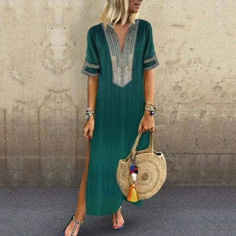 FashionSierra - Women's Bohemian Floral Print Split Cotton Linen Maxi Dress Deep V Neck Long Sleeve Summer Casual Party Dresses Plus Size Tunics Satin smooth FashionSierra - Women's Bohemian Floral Print Split Cotton Linen Maxi Dress Deep V Neck Long Sleeve Summer Casual Party Dresses Plus Size Tunics Satin smooth