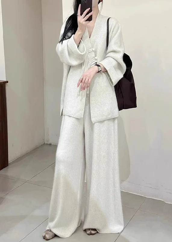 Brief Light Grey V Neck Button Knit Coats And Pants Two Piece Set Fall Embroidered Kimono Coat Brief Light Grey V Neck Button Knit Coats And Pants Two Piece Set Fall Embroidered Kimono Coat