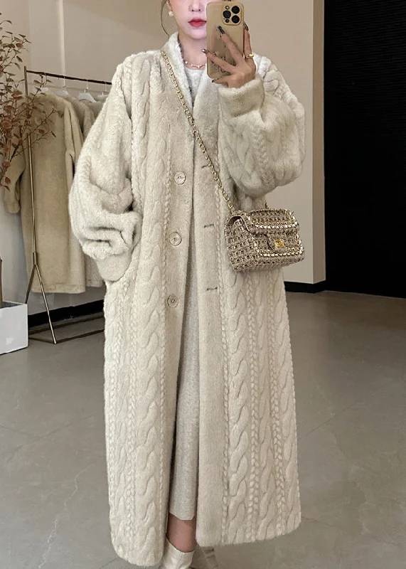 Casual Beige V Neck Button Mink Hair Leather And Fur Long Coats Winter Minimalist Wool Duster