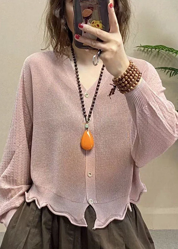 Simple Pink V Neck Button Ice Silk UPF 50+ Coat Summer Sleek Leather Jacket