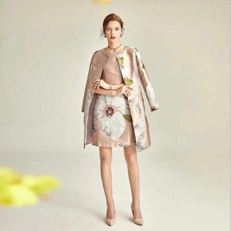 tailor shop custom made pink big flower jacquard weaving temperament brocade long coat mother of the bride outfit for weddings Puff Sleeve Blazer tailor shop custom made pink big flower jacquard weaving temperament brocade long coat mother of the bride outfit for weddings Puff Sleeve Blazer