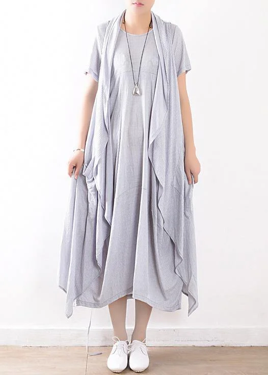 women cotton blended light blue striped long dress with sleeveless coats Boho Fringe Cardigan women cotton blended light blue striped long dress with sleeveless coats Boho Fringe Cardigan