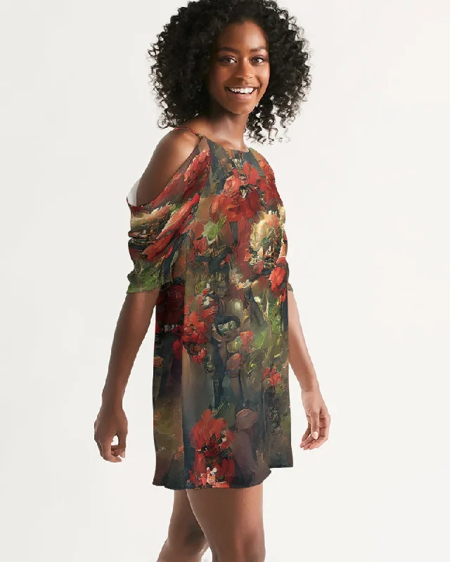 Abstract Rose design Women's Open Shoulder A-Line Dress Tunics Wedding white
