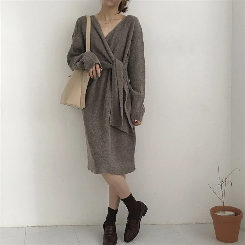Alien Kitty Korea Elegant Slimming Irregular V-Neck Stylish Loose Autumn Women All-Match Casual Sashes Belt Solid Long Dresses Tunics Party sparkling Alien Kitty Korea Elegant Slimming Irregular V-Neck Stylish Loose Autumn Women All-Match Casual Sashes Belt Solid Long Dresses Tunics Party sparkling