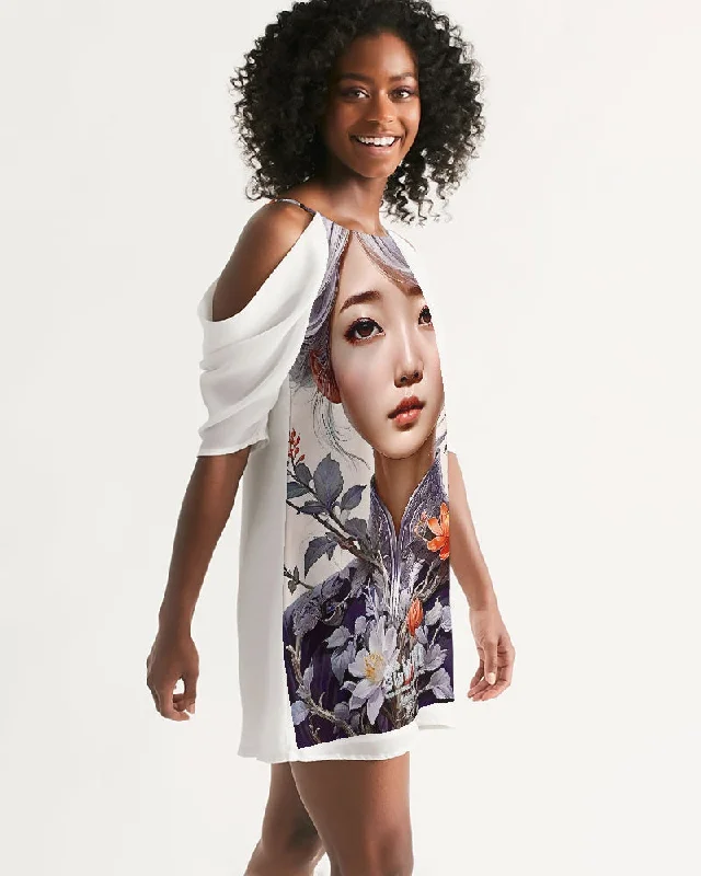 Beautiful Asian woman grey hair blossom Women's All-Over Print Open Shoulder A-Line Dress Tunics Running lightweight Beautiful Asian woman grey hair blossom Women's All-Over Print Open Shoulder A-Line Dress Tunics Running lightweight