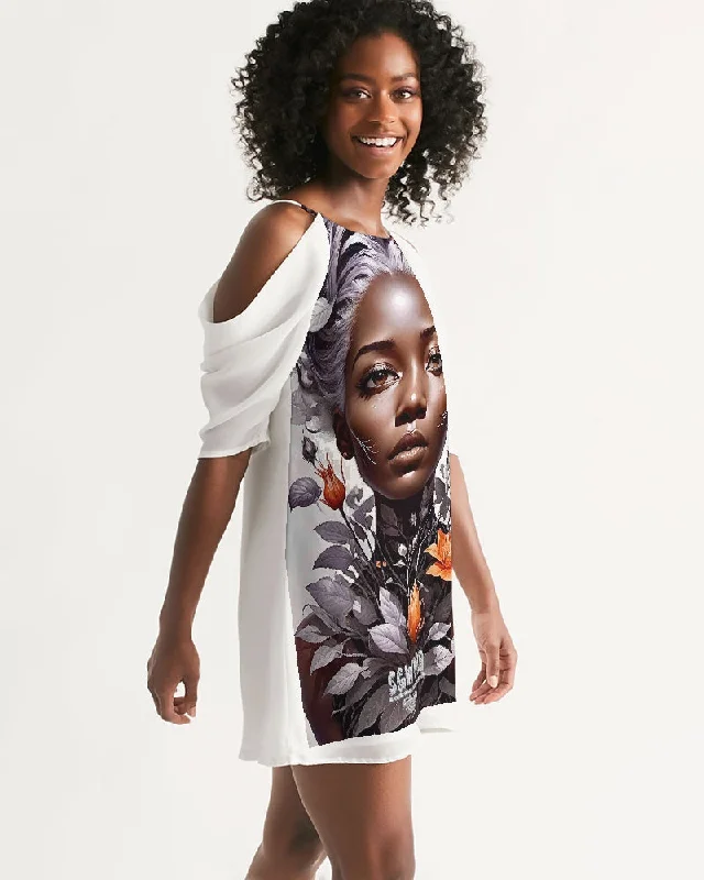 Beautiful black silver grey hair blossom women Women's All-Over Print Open Shoulder A-Line Dress Tunics Silk luxurious Beautiful black silver grey hair blossom women Women's All-Over Print Open Shoulder A-Line Dress Tunics Silk luxurious