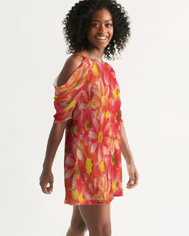 Beautiful blood orange flower design Women's All-Over Print Open Shoulder A-Line Dress Tunics New arrival Beautiful blood orange flower design Women's All-Over Print Open Shoulder A-Line Dress Tunics New arrival