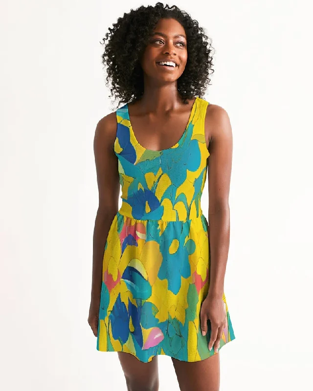 Beautiful yellow and blue hint of red pattern Women's Scoop Neck Skater Dress Tunics Stylish elegant Beautiful yellow and blue hint of red pattern Women's Scoop Neck Skater Dress Tunics Stylish elegant