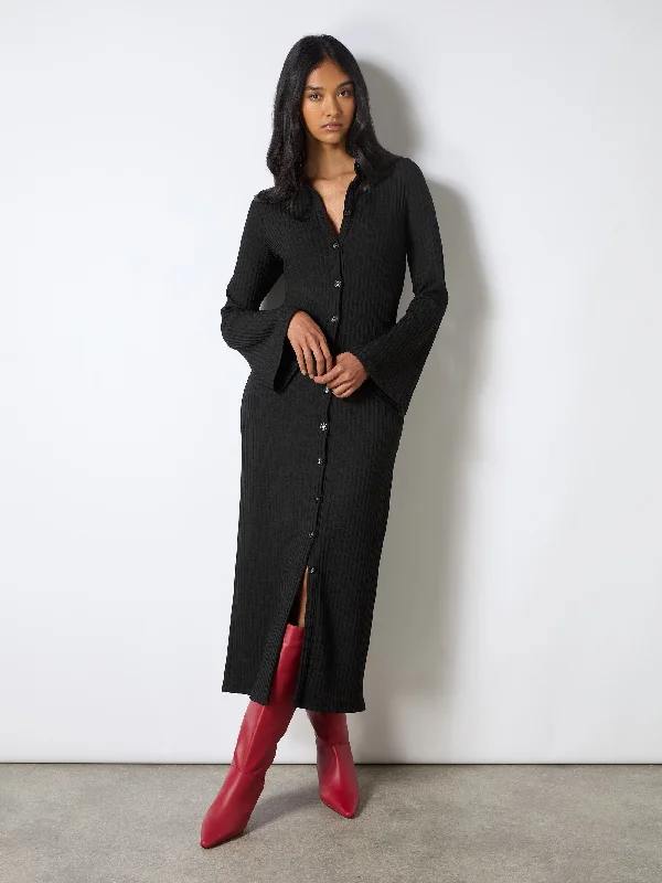 Black Rib Button Through Dress empire Waist empire