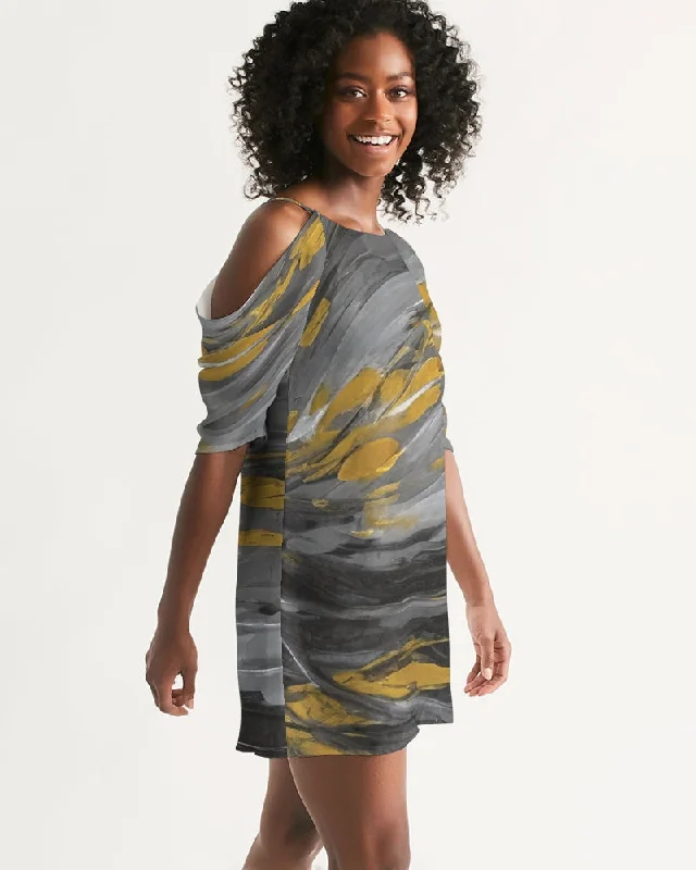 Black Sister Collection [Part 1 ] Women's All-Over Print Open Shoulder A-Line Dress Tunics Essential wardrobe