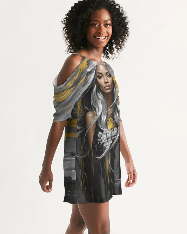 Black Sister Collection [Part 2 ] Women's All-Over Print Open Shoulder A-Line Dress Tunics Sophisticated sleek