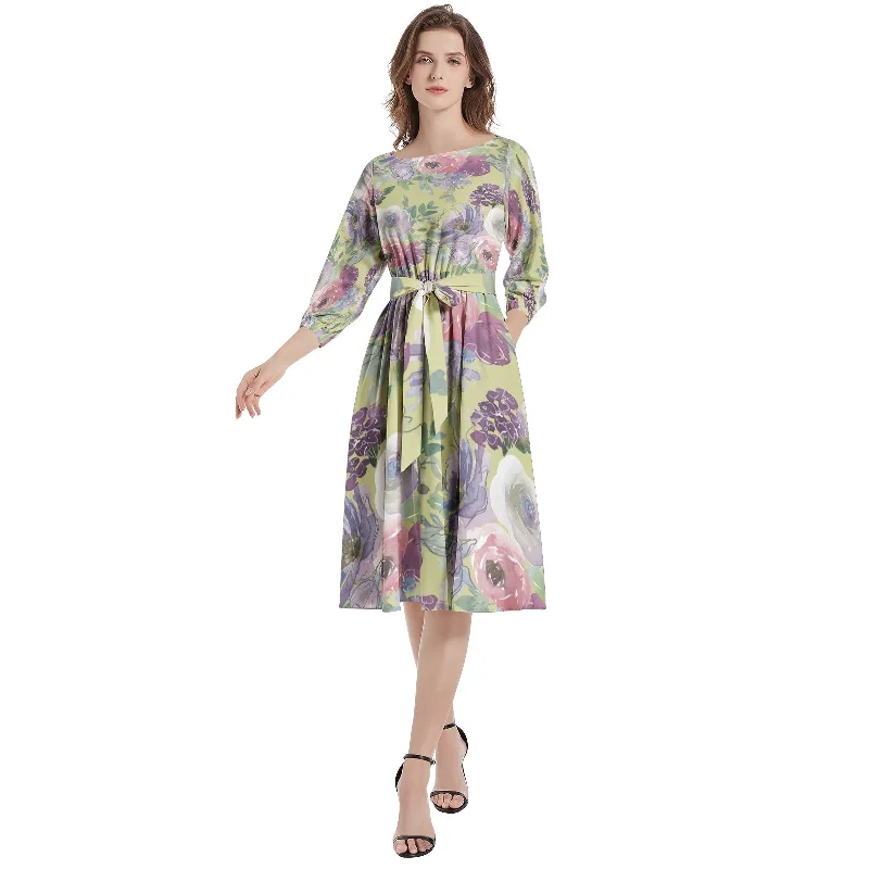 Boat Neck Belted Flared Dress Tunics Office stylish