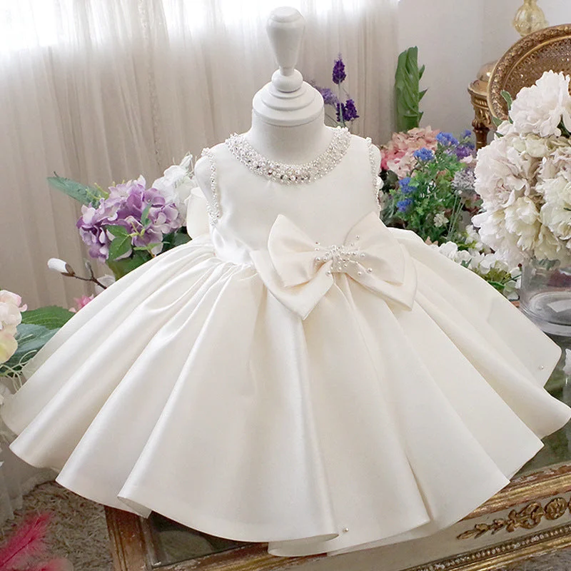 Flower Girl Dresses Baby Girl White Textured Beaded Round Neck Sleeveless Puffy Princess Dress Tunics Cozy comfortable Flower Girl Dresses Baby Girl White Textured Beaded Round Neck Sleeveless Puffy Princess Dress Tunics Cozy comfortable