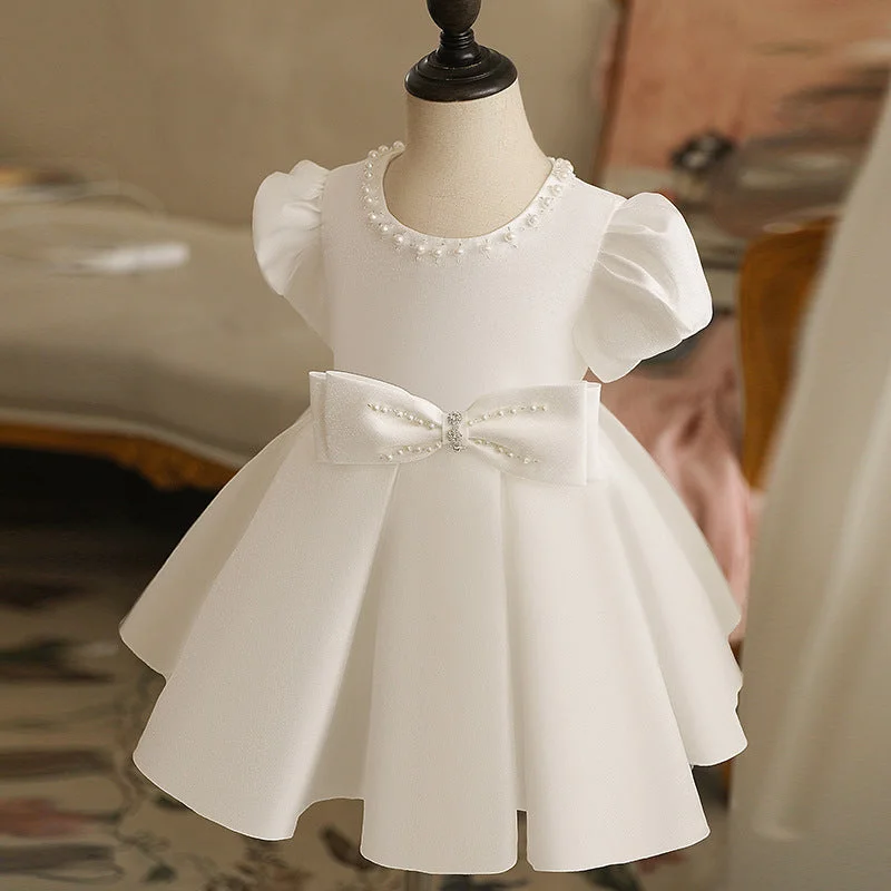 First Communion Dress Baby Girl White Textured Puff Sleeves Puffy Bow Princess Christening Dress Tunics Trendy modern First Communion Dress Baby Girl White Textured Puff Sleeves Puffy Bow Princess Christening Dress Tunics Trendy modern