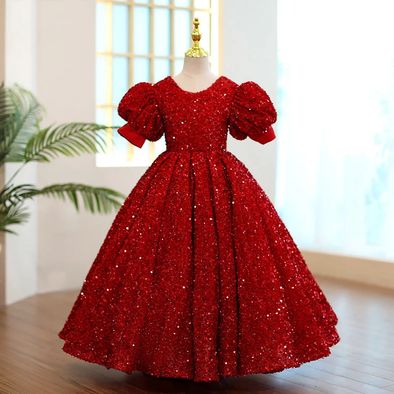 Girl Christmas Dress First Communion Dress Red Sequin Round Neck Birthday Party Princess Dress Tunics Long Elegant Girl Christmas Dress First Communion Dress Red Sequin Round Neck Birthday Party Princess Dress Tunics Long Elegant