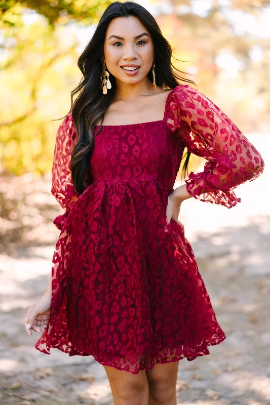 Living Your Dreams Burgundy Red Leopard Babydoll Dress A-Line Day Work