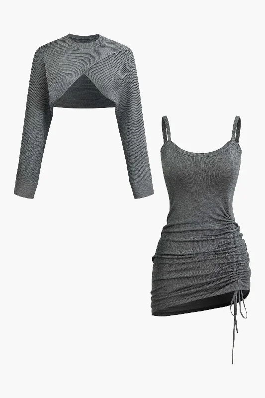 Cross Cut Out Crop Top And Asymmetrical Drawstring Mini Dress Set Halter Neckline Beach Cross Cut Out Crop Top And Asymmetrical Drawstring Mini Dress Set Halter Neckline Beach