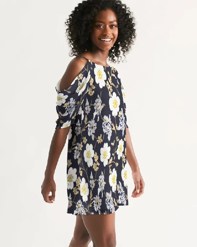 Pink flower black background Women's All-Over Print Open Shoulder A-Line Dress Tunics Versatile functional Pink flower black background Women's All-Over Print Open Shoulder A-Line Dress Tunics Versatile functional
