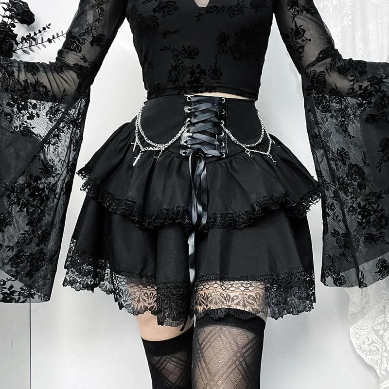 Ruched lace hem metal chain lace up zip-up mini skirt | victorian gothic dresses Tunics Trendy modern Ruched lace hem metal chain lace up zip-up mini skirt | victorian gothic dresses Tunics Trendy modern