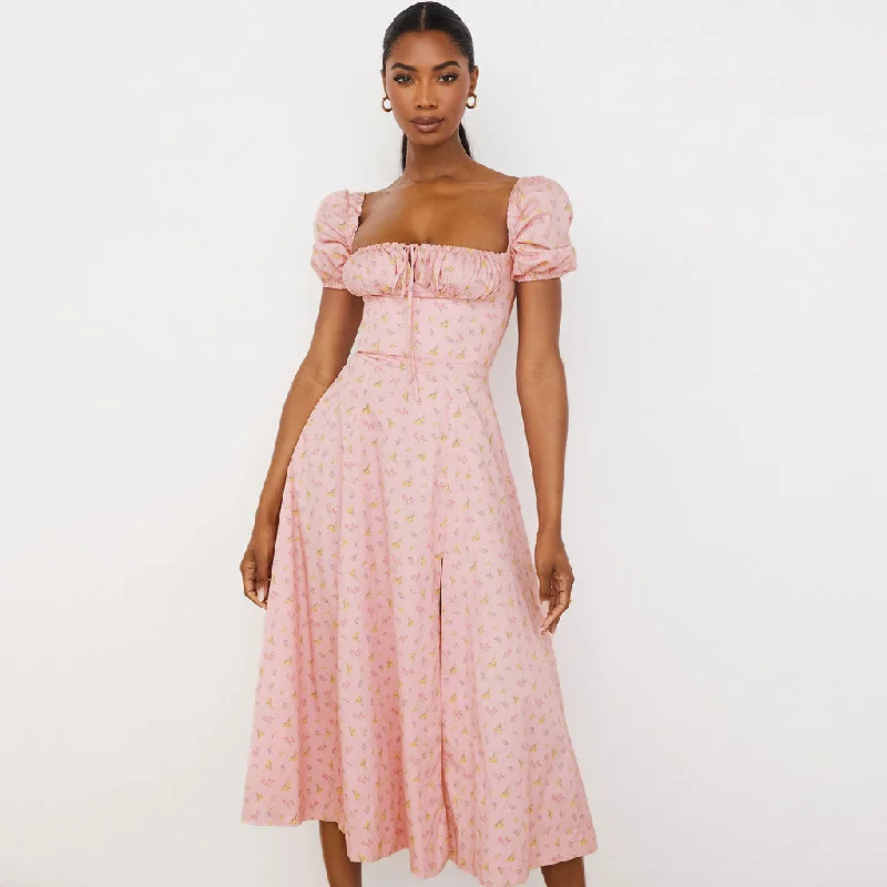 BerryBetty - Daisy Printed Puff Sleeve High Slit Smock Maxi Sundress - Pink Elegant Long Evening BerryBetty - Daisy Printed Puff Sleeve High Slit Smock Maxi Sundress - Pink Elegant Long Evening