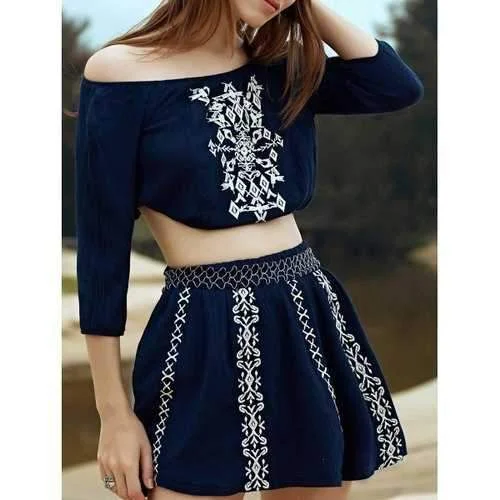 Stylish Off The Shoulder Embroidery Women's Two Piece Dress - Purplish Blue S Tunics Travel practical Stylish Off The Shoulder Embroidery Women's Two Piece Dress - Purplish Blue S Tunics Travel practical