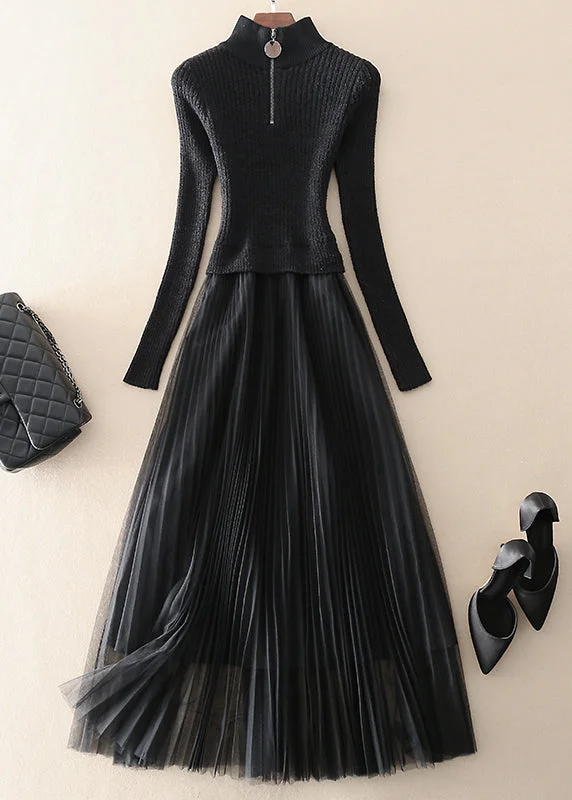 Vintage Black Zip Up Tulle Patchwork Knit Long Dresses Spring Tunics Trendy modern